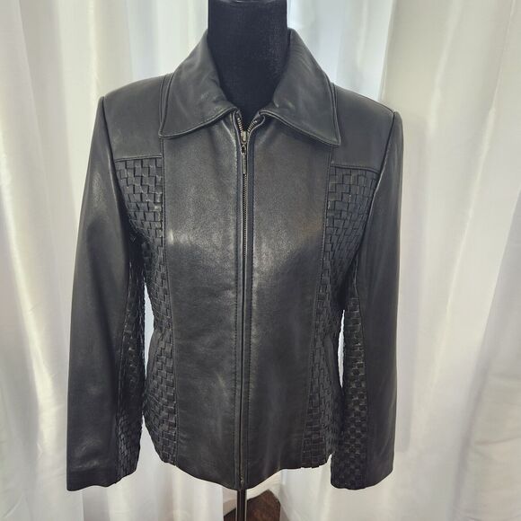 Kasper Jackets & Blazers - Kasper Vintage Womens Large Black 90s Genuine Leather Jacket Waffle Woven Moto